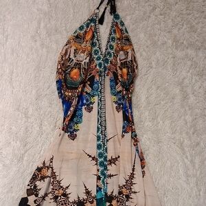NWT Boho Peacock Scarf Maxi Dress With Ties On Neck And Back, beading On Bodice.
